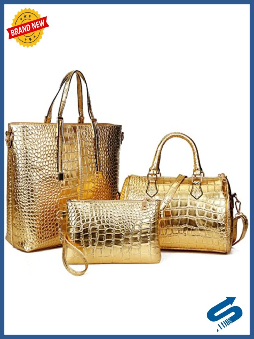 3PC Women Vegan Leather PU Handbag Set Crocodile Pattern Satchel Shoulder Bag - Picture 1 of 6